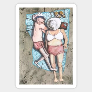 Sunbathing, Brits on the beach, holiday memories. Sticker